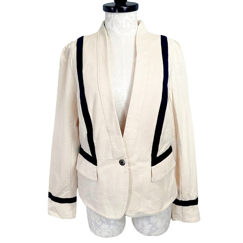 Ann Taylor LOFT Khaki Blazer Single Button Navy Contrast Size 14
